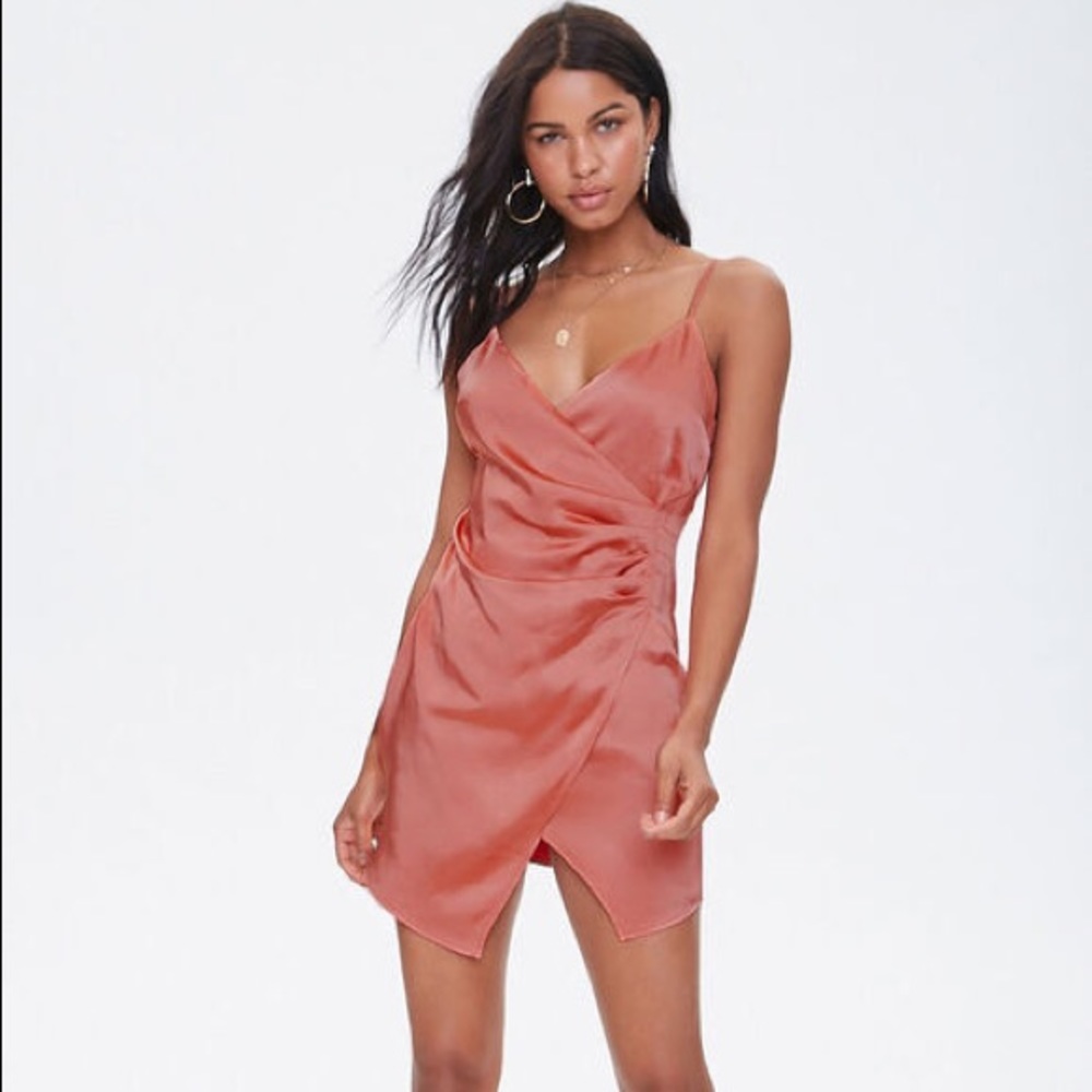SOLD - ‼️ Forever21 Satin Coral Plunging Mini Dress ‼️